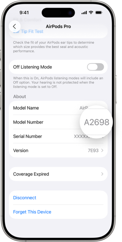 AirPods-modelnummer i Bluetooth-indstillingerne på en iPhone